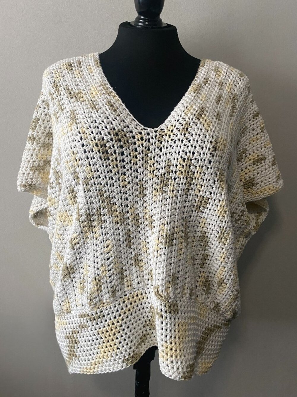 Handmade Crochet V-Neck White Yellow Beige Women's Plus Size Top